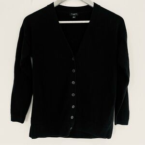 Talbots black v-neck split hem cotton blend cardigan w/ black enamel buttons SP